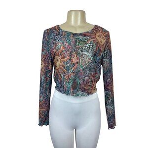 Women's Multicolored Sheer Round Neck Sun Moon Print Blouse Sz L